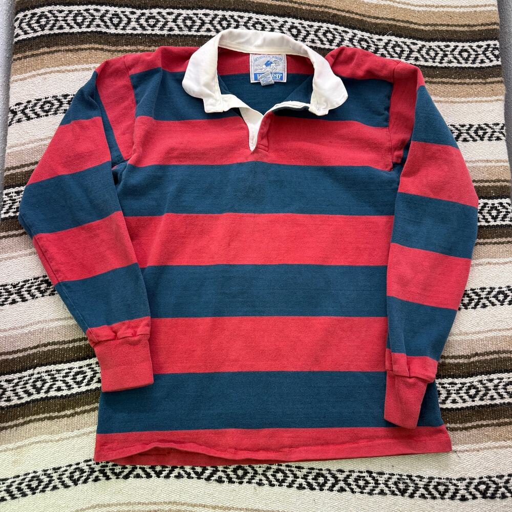 Men's Vintage 90's Lands' End Red Blue Striped Heavyweight Rugby Shirt Sz Large